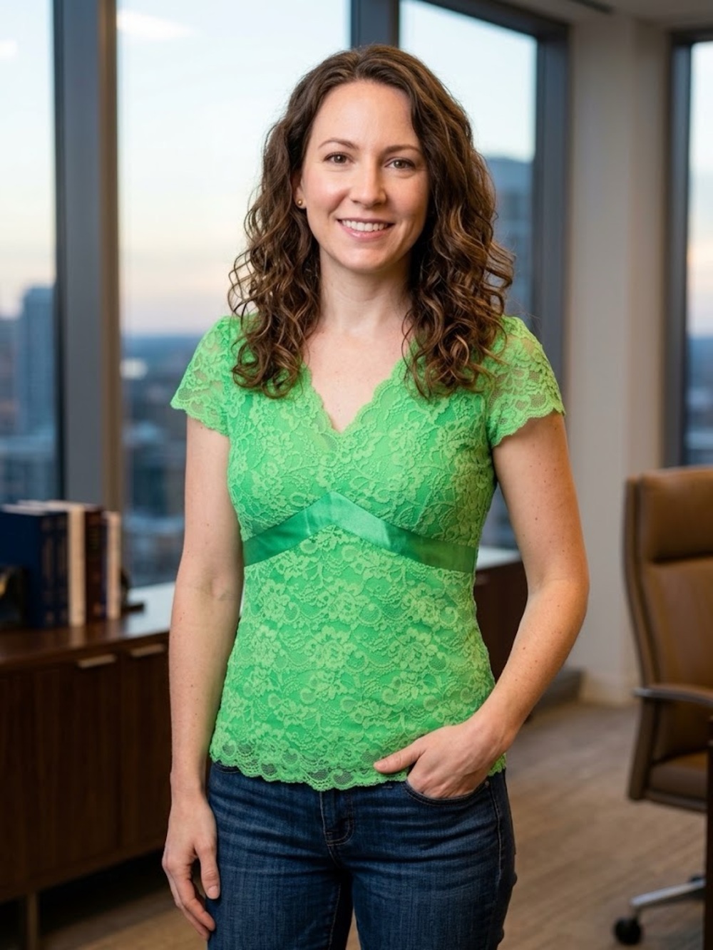 Lace le chateau Short-Sleeve V-Neck Top in Bright Green